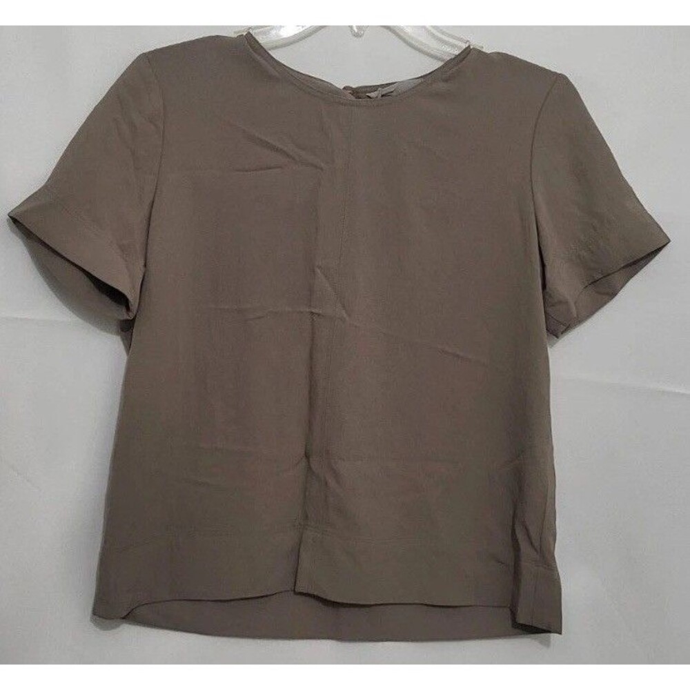 Everlane Womens 0 Taupe 100% Triacetate Short Sleeve Blouse Keyhole Back